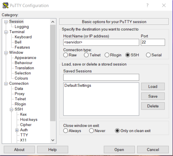 PuTTY usando chave privada informe o nome ou IP do servidor remoto