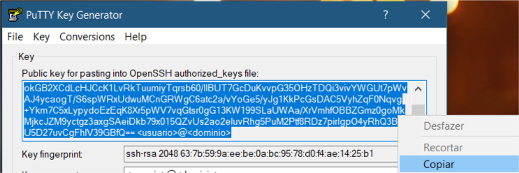 PuTTYgen Identidade pública para Authorized Keys do OpenSSH